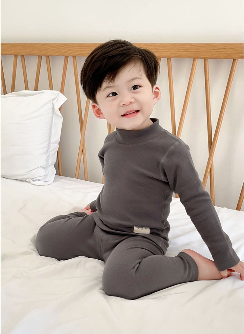 تابيت مجموعة ملابس داخلية حرارية الشتاء للأطفال ، طبقة قاعدة القطن الممشوكة عالية الرقبة للأطفال ، مجموعة بيجاما دافئة سميكة للأولاد البنات (رمادي-110 سم) - Image 1
