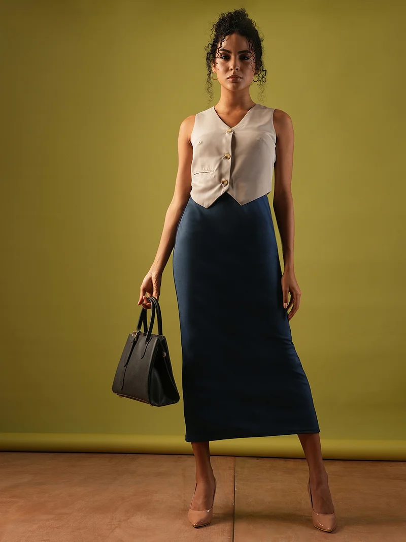 globus Women Self Design Stretchable High-Rise Back Slit Midi Workwear Pencil Skirt