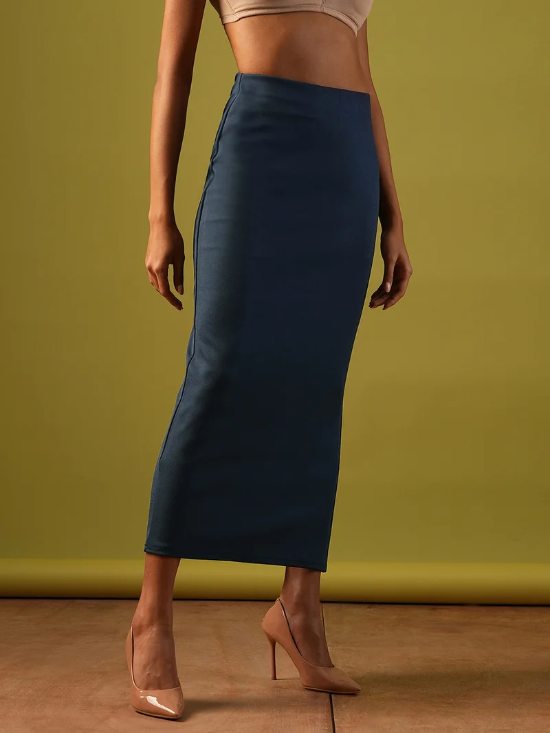 globus Women Self Design Stretchable High-Rise Back Slit Midi Workwear Pencil Skirt