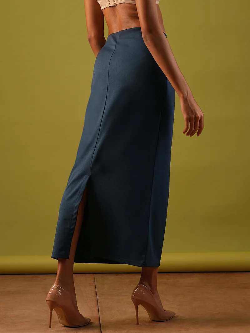 globus Women Self Design Stretchable High-Rise Back Slit Midi Workwear Pencil Skirt