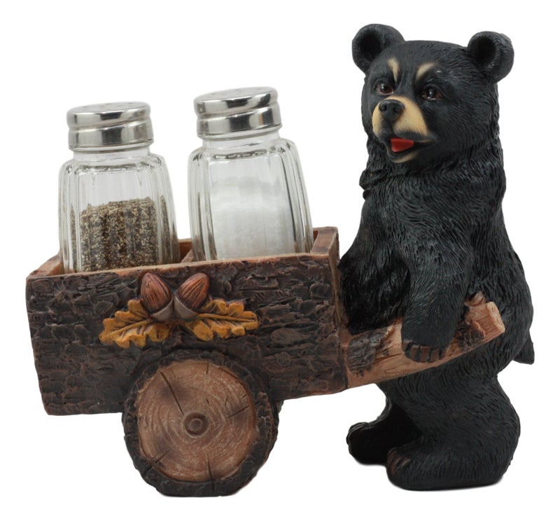 Ebros Woodlands Spice Delivery Black Bear Pushing Vintage Wagon Cart Salt And Pepper Shakers Holder Figurine Set Forest Rocky Mountain Bears Cabin Lodge Hunters Decorative Accent