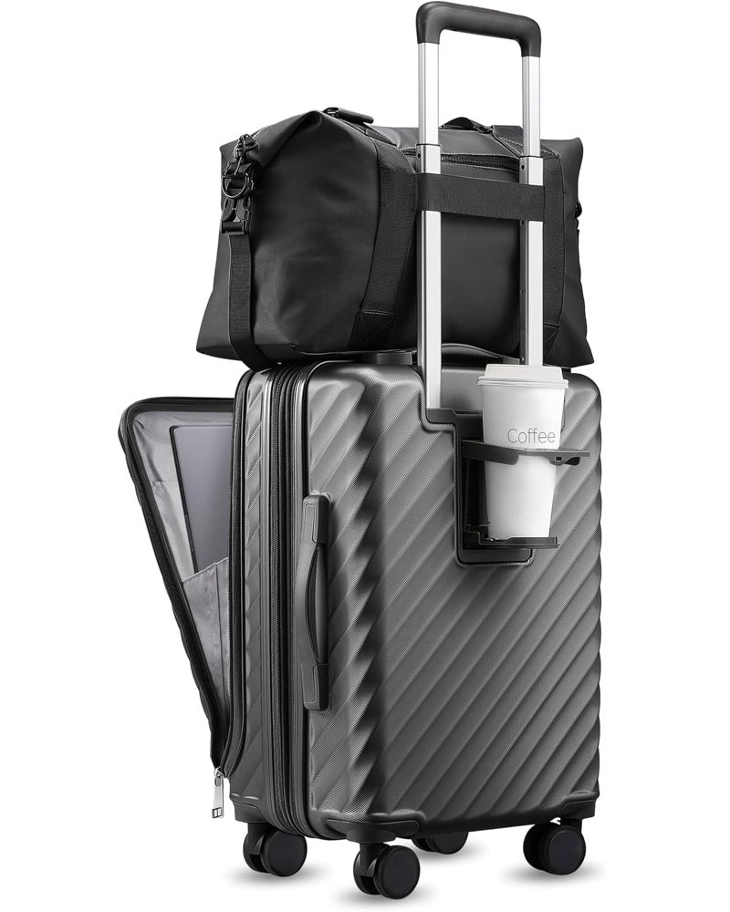 LUGGEX Carry On Luggage with Front Compartment and Cup Holder, KVF Expandable PC Hard Shell Suitcase with Front Pocket (FX-Plus, Gunmetal, 2-Piece (20/Tote)) - Image 1