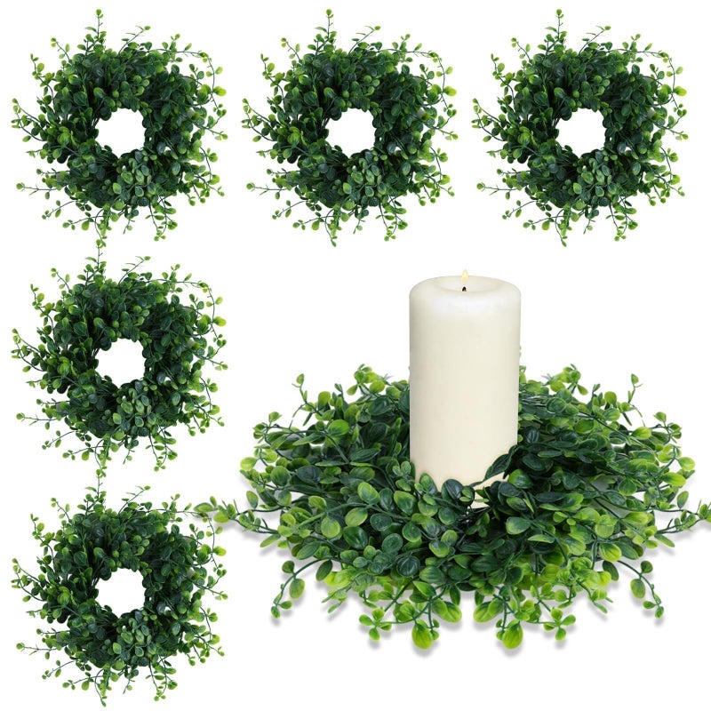 YLOLUL Mini Green Boxwood Candle Rings Wreaths Spring Summer Kitchen Cabinet Swags Wreath 3 Inch Wedding Rings Wreaths Pillar Candle Holder for Wedding Home Door Tabletop Decor (6, Green Boxwood) - Image 1