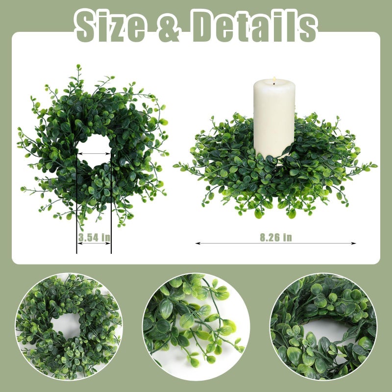 YLOLUL Mini Green Boxwood Candle Rings Wreaths Spring Summer Kitchen Cabinet Swags Wreath 3 Inch Wedding Rings Wreaths Pillar Candle Holder for Wedding Home Door Tabletop Decor (6, Green Boxwood) - Image 4