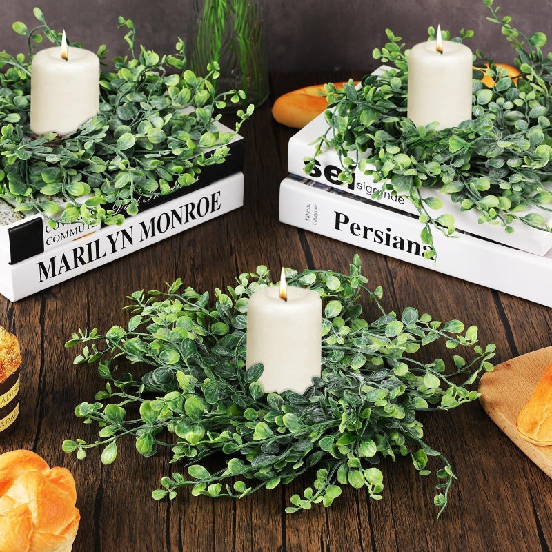 YLOLUL Mini Green Boxwood Candle Rings Wreaths Spring Summer Kitchen Cabinet Swags Wreath 3 Inch Wedding Rings Wreaths Pillar Candle Holder for Wedding Home Door Tabletop Decor (6, Green Boxwood) - Image 2
