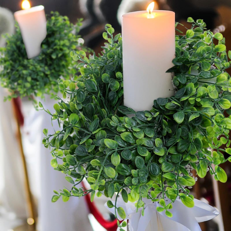 YLOLUL Mini Green Boxwood Candle Rings Wreaths Spring Summer Kitchen Cabinet Swags Wreath 3 Inch Wedding Rings Wreaths Pillar Candle Holder for Wedding Home Door Tabletop Decor (6, Green Boxwood) - Image 3
