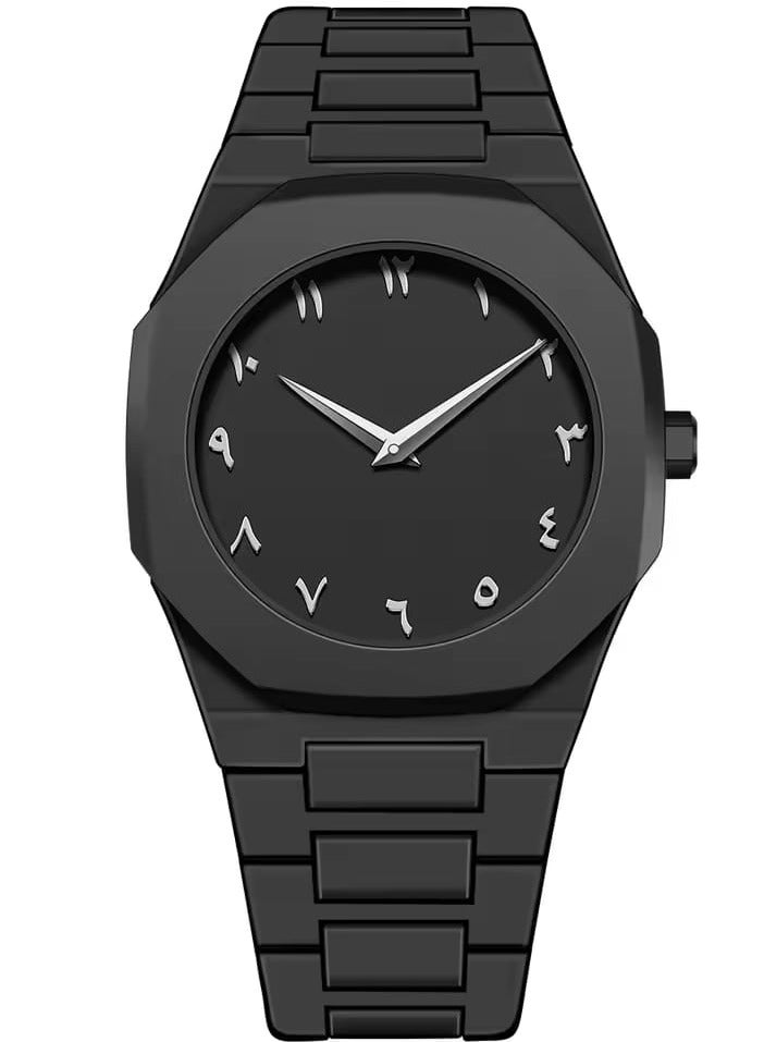 Arabic Numeral Wristwatch, Black Matte Stainless Band, Analog Watch, Octagonal Case - Image 1