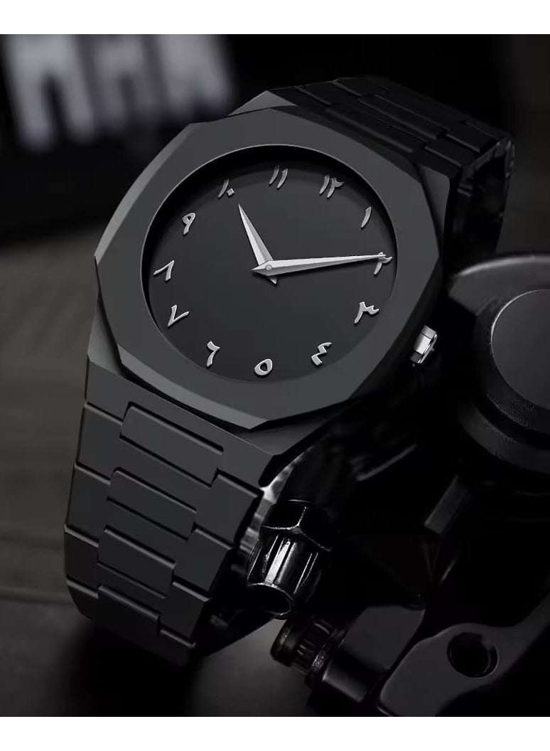 Arabic Numeral Wristwatch, Black Matte Stainless Band, Analog Watch, Octagonal Case - Image 2