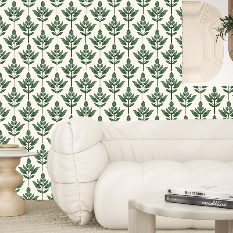 BOKEBEVE Green Leaf Wallpaeprs Beige Stick and Peel Wallpaper Floral Contact Paper Boho Wallpaper for Bedroom Bathroom Drawer Cabinet Modern Removable 17.5 x 393.5In - Image 4