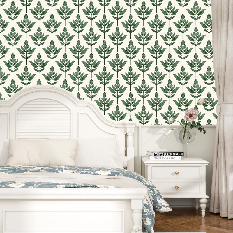 BOKEBEVE Green Leaf Wallpaeprs Beige Stick and Peel Wallpaper Floral Contact Paper Boho Wallpaper for Bedroom Bathroom Drawer Cabinet Modern Removable 17.5 x 393.5In - Image 2