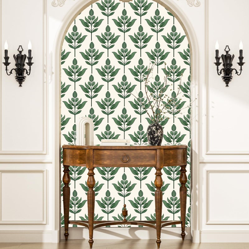 BOKEBEVE Green Leaf Wallpaeprs Beige Stick and Peel Wallpaper Floral Contact Paper Boho Wallpaper for Bedroom Bathroom Drawer Cabinet Modern Removable 17.5 x 393.5In - Image 3
