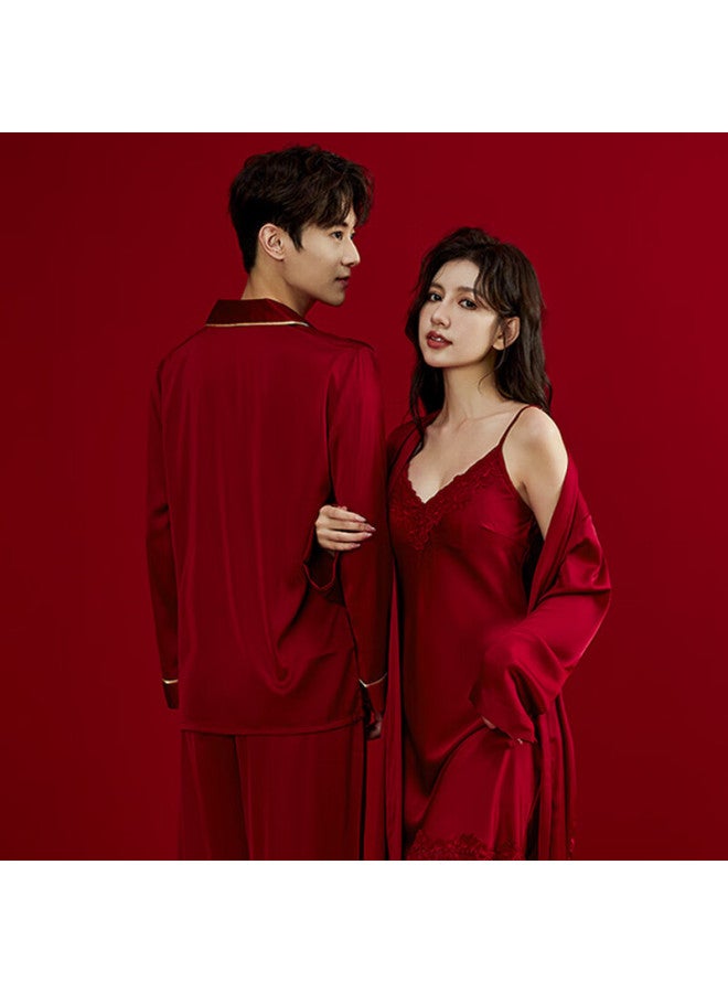 Bejirog Couple's Pajama Set, One Male And One Female, Wedding New Year's Ice Silk Morning Robe, Bride Red, Zodiac Year Male - Image 1