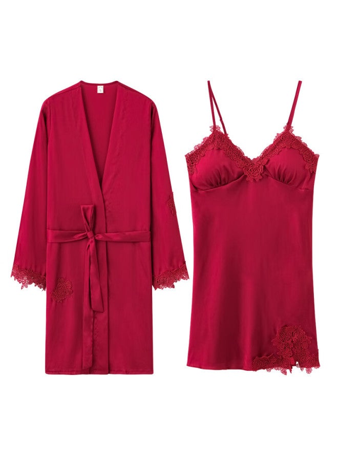 Bejirog Couple's Pajama Set, One Male And One Female, Wedding New Year's Ice Silk Morning Robe, Bride Red, Zodiac Year Male - Image 2