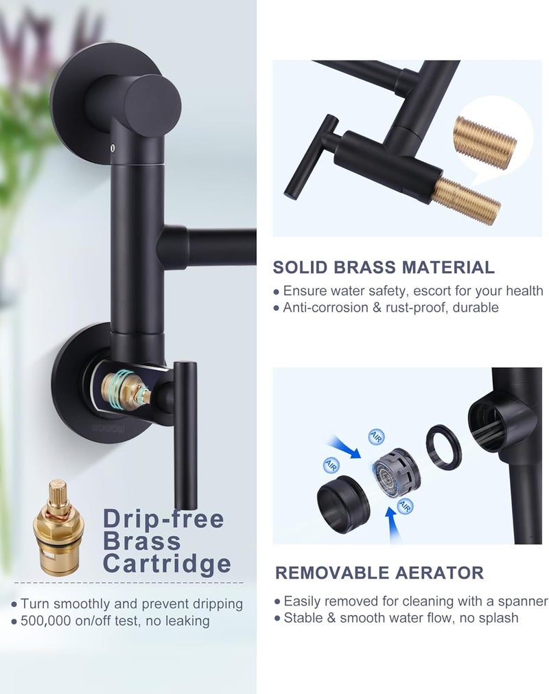 WOWOW Pot Filler Faucet Black: Single Hole Wall Mount Stove Faucet, Brass Pot Filler Two Attachment with Double Joint Swing Arms - Image 5