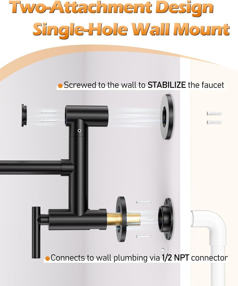 WOWOW Pot Filler Faucet Black: Single Hole Wall Mount Stove Faucet, Brass Pot Filler Two Attachment with Double Joint Swing Arms - Image 4