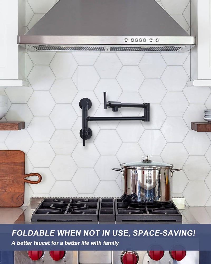WOWOW Pot Filler Faucet Black: Single Hole Wall Mount Stove Faucet, Brass Pot Filler Two Attachment with Double Joint Swing Arms - Image 2