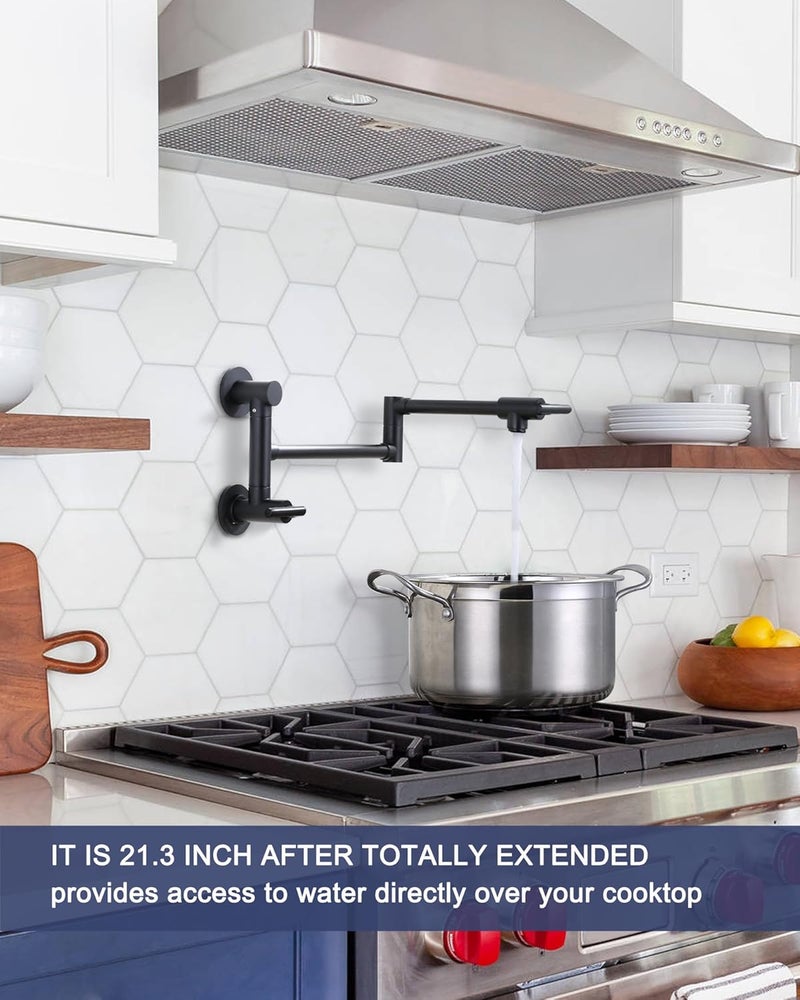 WOWOW Pot Filler Faucet Black: Single Hole Wall Mount Stove Faucet, Brass Pot Filler Two Attachment with Double Joint Swing Arms - Image 3