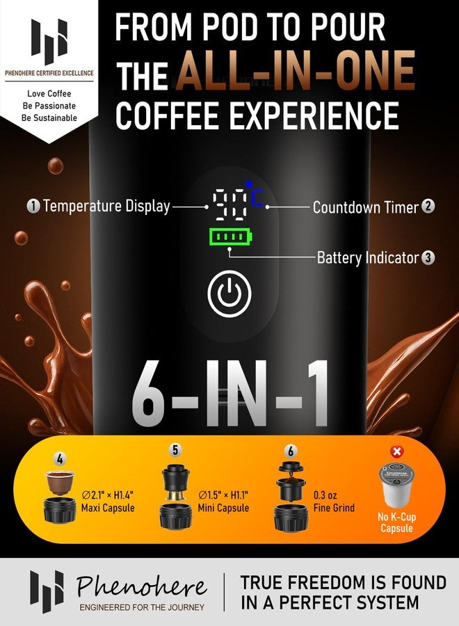PHENOHERE 6-in-1 Portable Electric Espresso Machine–20Bar Self‑Heating camping coffee maker with 7500mA Battery,Display,compatible with Large/Small Capsules&Coffee Powder for Travel,Camping,Car&Office - Image 2