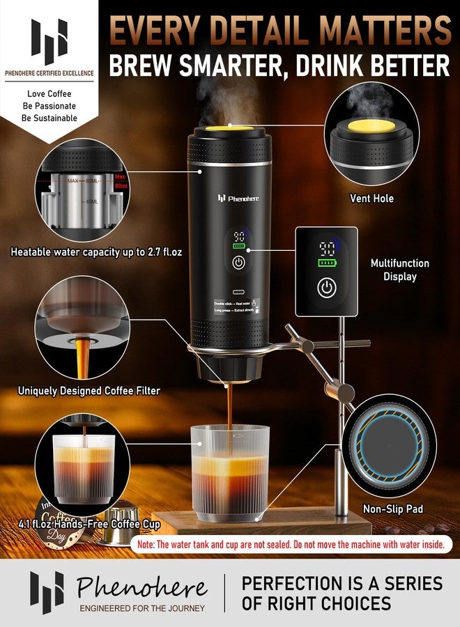 PHENOHERE 6-in-1 Portable Electric Espresso Machine–20Bar Self‑Heating camping coffee maker with 7500mA Battery,Display,compatible with Large/Small Capsules&Coffee Powder for Travel,Camping,Car&Office - Image 4