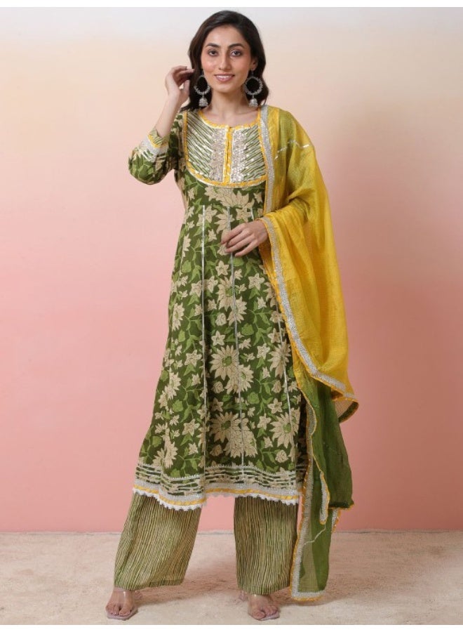 AKS Green Printed anarkali Kurta set with Gota work - Image 1