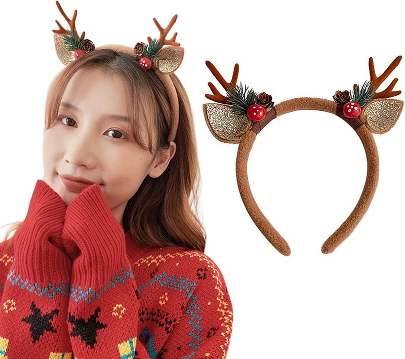 HANSAMU Christmas Deer Reindeer Antlers Headband Womens Deer Costume Accessories Fawn Horn Hair Hoop Christmas Headbands