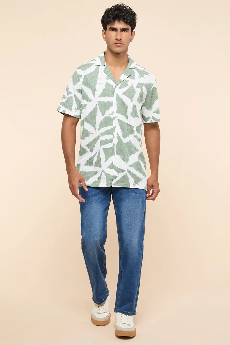 أر أند بي Patterned Shirt with Reverse Collar and Short Sleeves