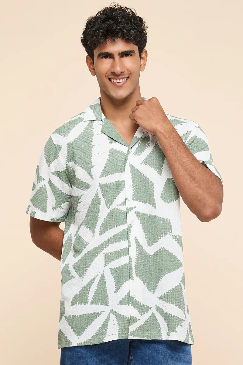أر أند بي Patterned Shirt with Reverse Collar and Short Sleeves