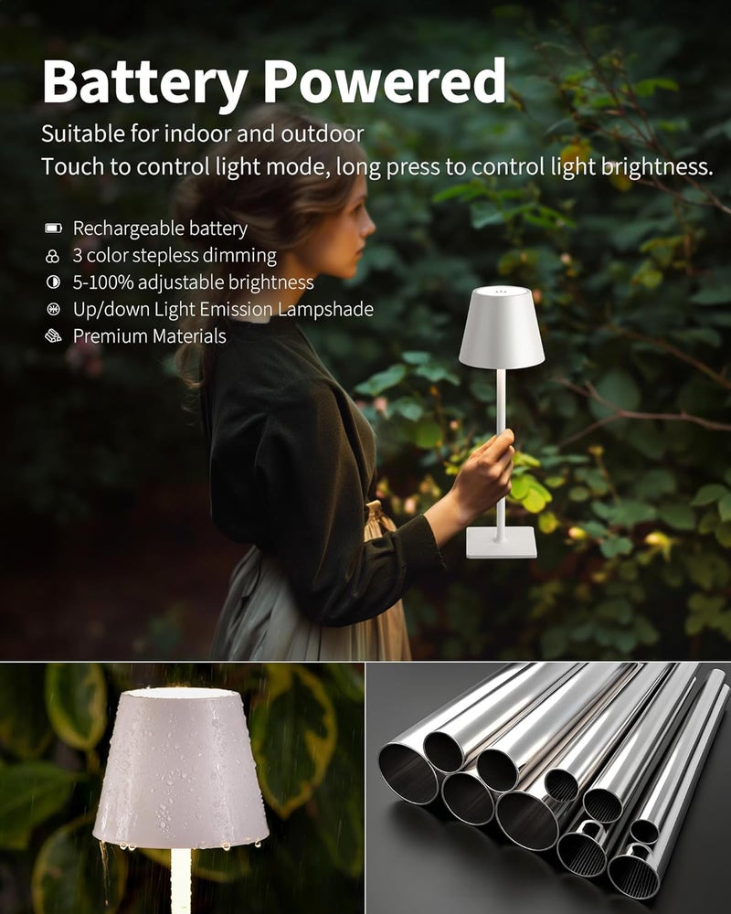 KDG 2 Pack Cordless Table Lamp, Portable LED Desk Lamp, 5000mAh Battery Operated, 3 Color Stepless Dimming Up, for Restaurant/Bedroom/Bars/Outdoor Party/Camping/Coffee Shop Night Light(White) - Image 4