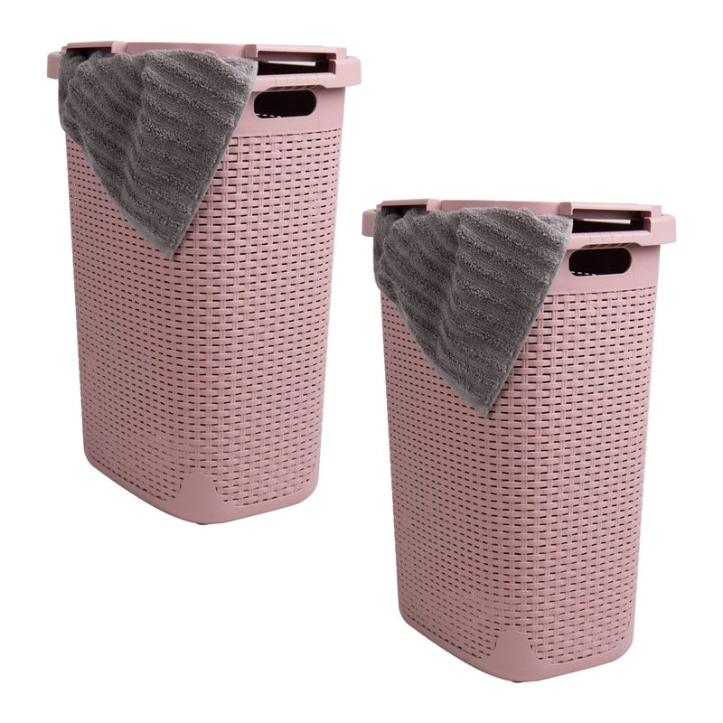 Mind Reader Slim Laundry Hamper with Lid, 60L Tall Clothes Basket, Narrow Tapered Design for Bathrooms, Closets and Laundry Rooms, Plastic, 2 Pack, Pink - Image 1