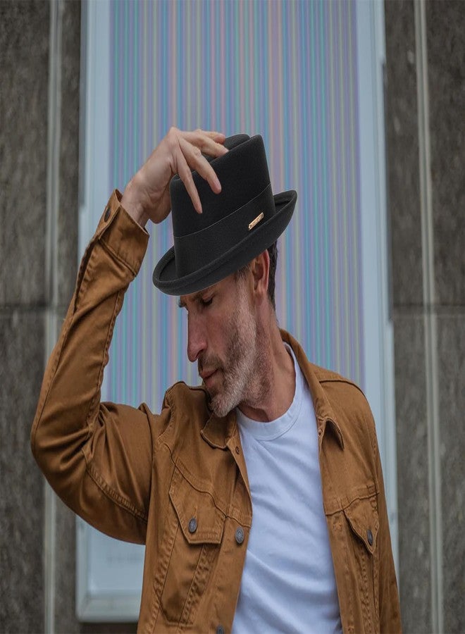 XuoAz Men's Flat Top Pork Pie Hat - Wool Porkpie Fedora Hats Vintage Bowler Hats for Women - Image 4