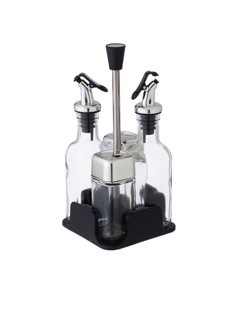 4-Piece A Silver-Colored  Oiler And Holder Set With Holder