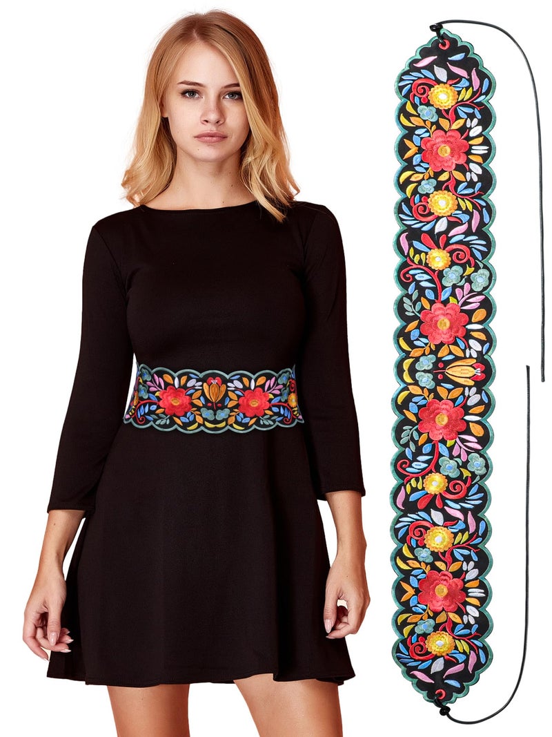 Jeere Women Embroidered Mexican Belt for Dress Floral Traditional Fiesta Waist Sash Cinco De Mayo Luau Party Outfit (Vibrant) - Image 1