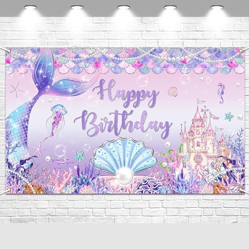 Avezano Mermaid Birthday Banner Mermaid Birthday Backdrop Under The Sea Backdrop for Girls Party Decorations Princess Castle Scales Photo Booth Props 6 x 36 ft - Image 1
