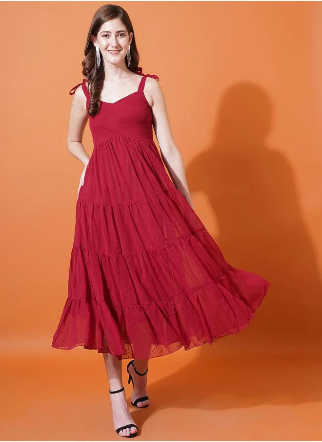 U&F Dobby Sweetheart Neck Tiered Midi Dress by Styli