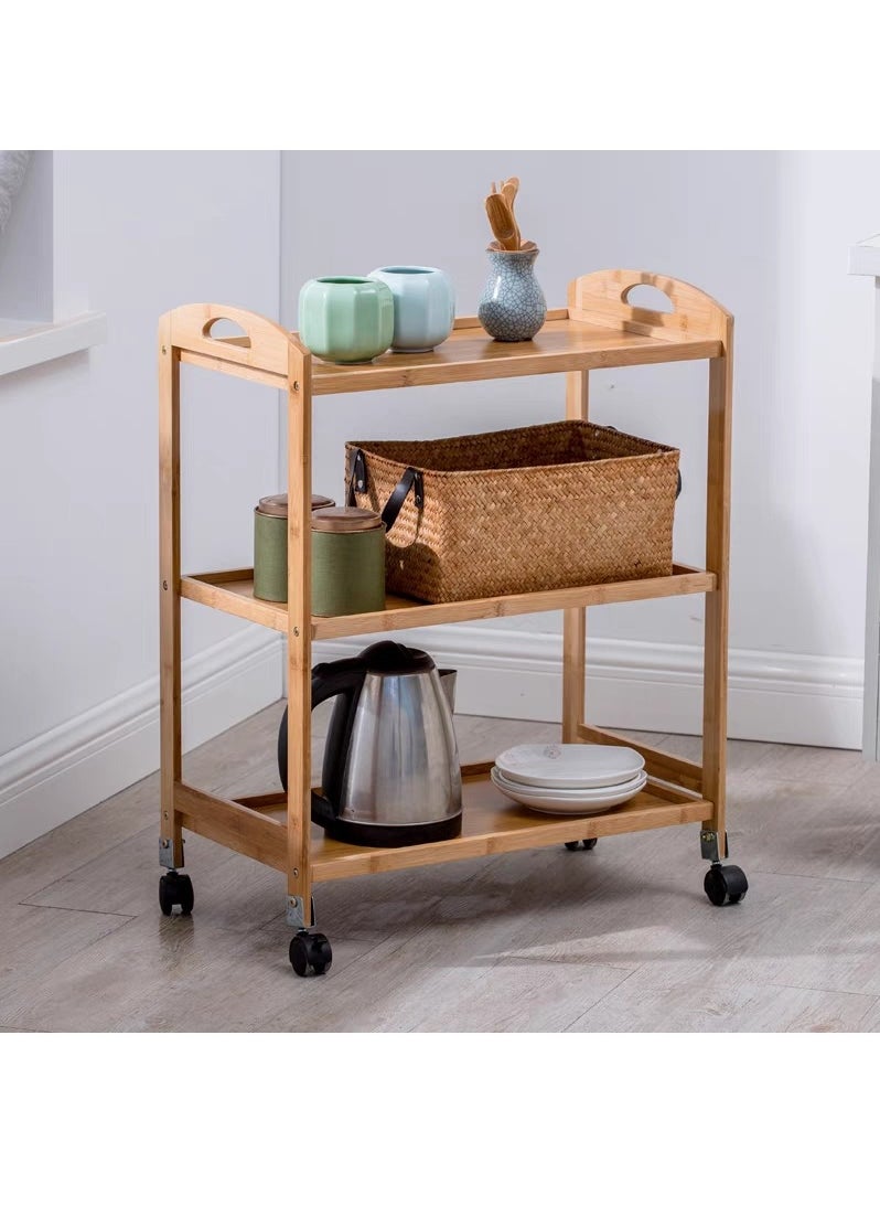 LINGWEI Wooden Food Serving Trolly Bamboo Cart Brown 60x78x33cm  - Image 2