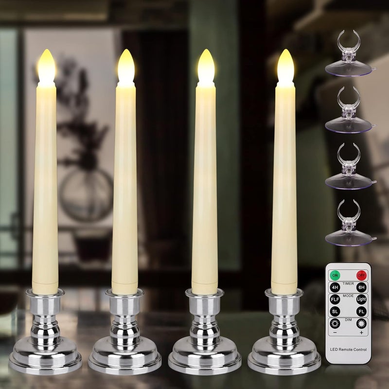 FPOO 7.9 Inch Flameless Taper Candles Flickering with Timer Remote, Battery Operated LED Window Candles with Removable Base and Suction Cups for Home Christmas Decor, 4PCS Ivory - Image 1
