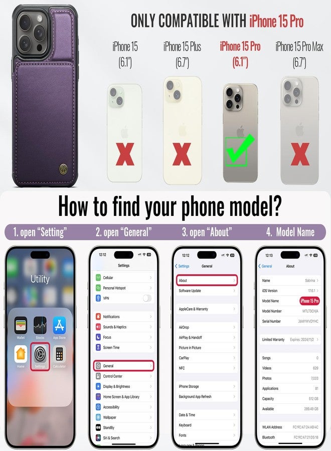 Vinich iPhone 15 Pro Wallet Case with Card Holder, iPhone 15 Pro Case with RFID Blocking for Women Men, Durable Leather Kickstand Shockproof Phone Case for iPhone 15 Pro, Purple - Image 2