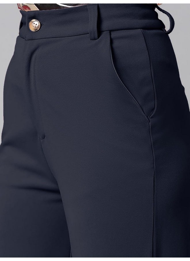 Kotty KOTTY Women's High Rise Cotton Blend Relaxed Fit Trousers Navy Blue  - Image 3