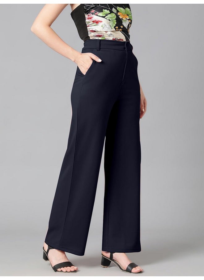 Kotty KOTTY Women's High Rise Cotton Blend Relaxed Fit Trousers Navy Blue  - Image 2