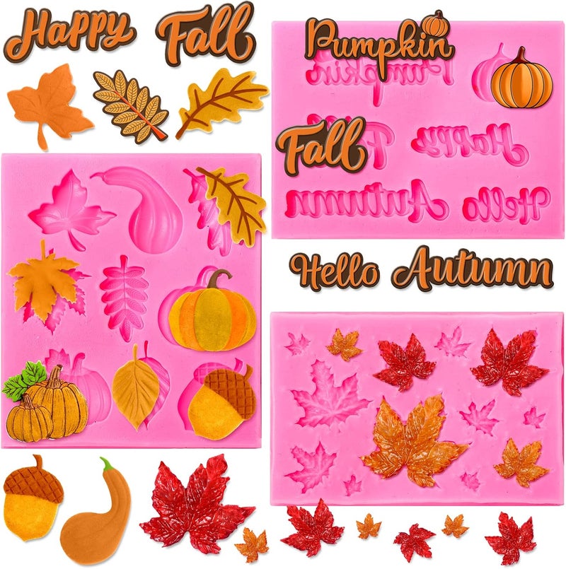 Whaline 3 Pack Fall Fondant Molds Autumn Pumpkin Maple Leaves Silicone Molds Hello Fall Candy Resin Chocolate Baking Mold for Autumn Harvest Cupcake Cake Topper Decoration Soap Jelly - Image 1