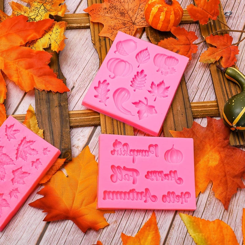 Whaline 3 Pack Fall Fondant Molds Autumn Pumpkin Maple Leaves Silicone Molds Hello Fall Candy Resin Chocolate Baking Mold for Autumn Harvest Cupcake Cake Topper Decoration Soap Jelly - Image 5