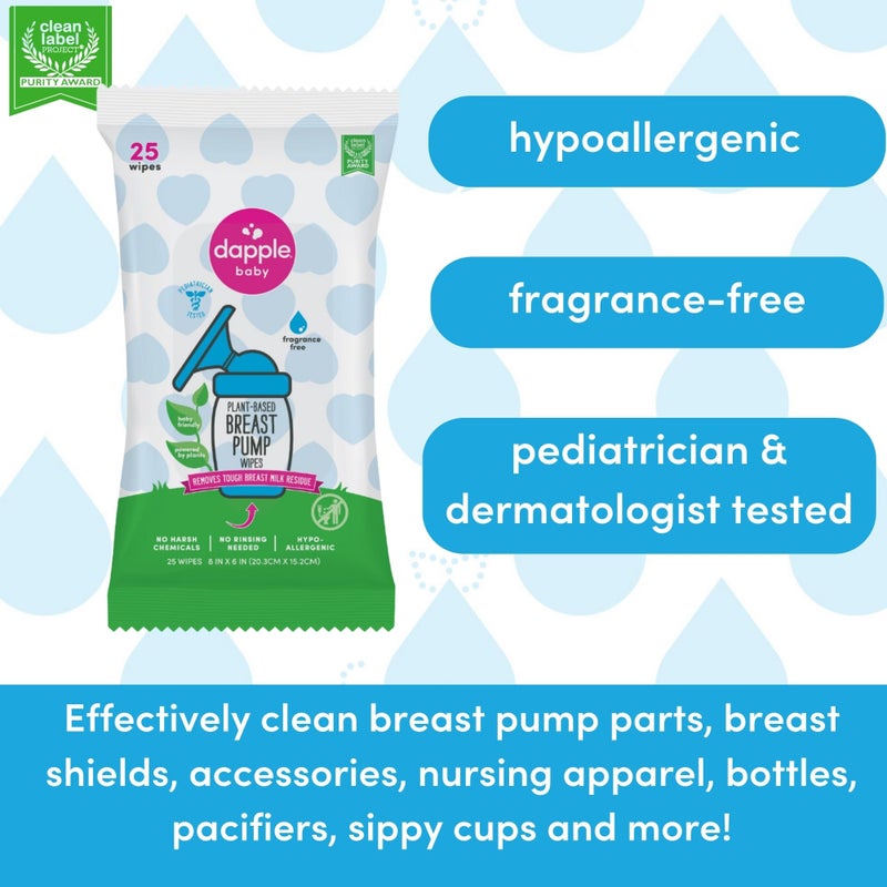 Dapple Breast Pump Wipes, Powered by Plants, Hypoallergenic, Removes Milk Residue, Fragrance Free, Convenient Wipes Pouch, 25 Count (2 Pack) - Image 5