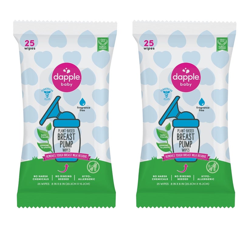 Dapple Breast Pump Wipes, Powered by Plants, Hypoallergenic, Removes Milk Residue, Fragrance Free, Convenient Wipes Pouch, 25 Count (2 Pack) - Image 1