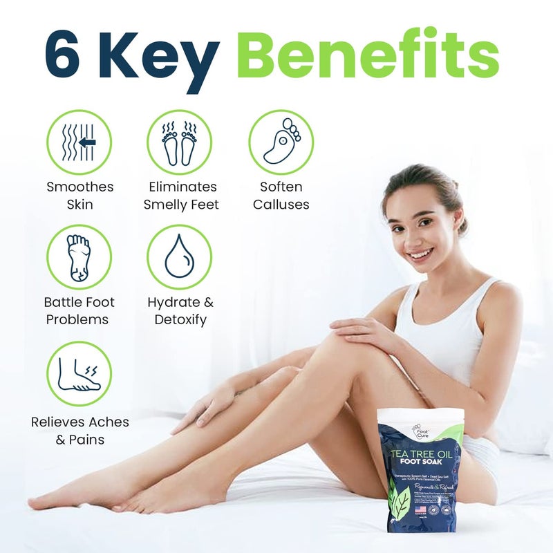 FOOT CURE Tea Tree Oil Foot Soak with Epsom Salt - Best Toenail Fungus Treatment, Athletes Foot & Softens Calluses - Soothes Sore & Tired Feet, Fungal Toe, Foot Odor Scent, Spa Pedicure (Pack of 2) - Image 2