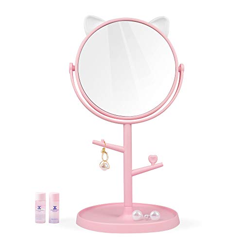 Mockery Desk Mirror in Cute Cat Ears Shape-Kawaii & Vanity Mirror for You in Bathroom or Bedroom, Freestanding Mirror, Folding Design for Tabletop (Pink) - Image 1