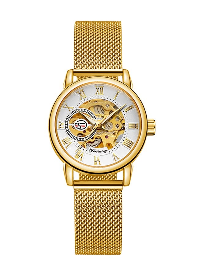 FORSINING ​​Forsining Women's Fashion Skeleton Watch - Gold-Tone Mesh Strap with White Skeleton Dial, Compact Case Size, Hand-Winding Movement, Elegant Casual Style for Daily Wear & Special Occasions​​ - Image 1