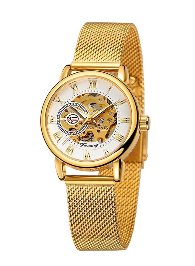 FORSINING ​​Forsining Women's Fashion Skeleton Watch - Gold-Tone Mesh Strap with White Skeleton Dial, Compact Case Size, Hand-Winding Movement, Elegant Casual Style for Daily Wear & Special Occasions​​ - Image 2
