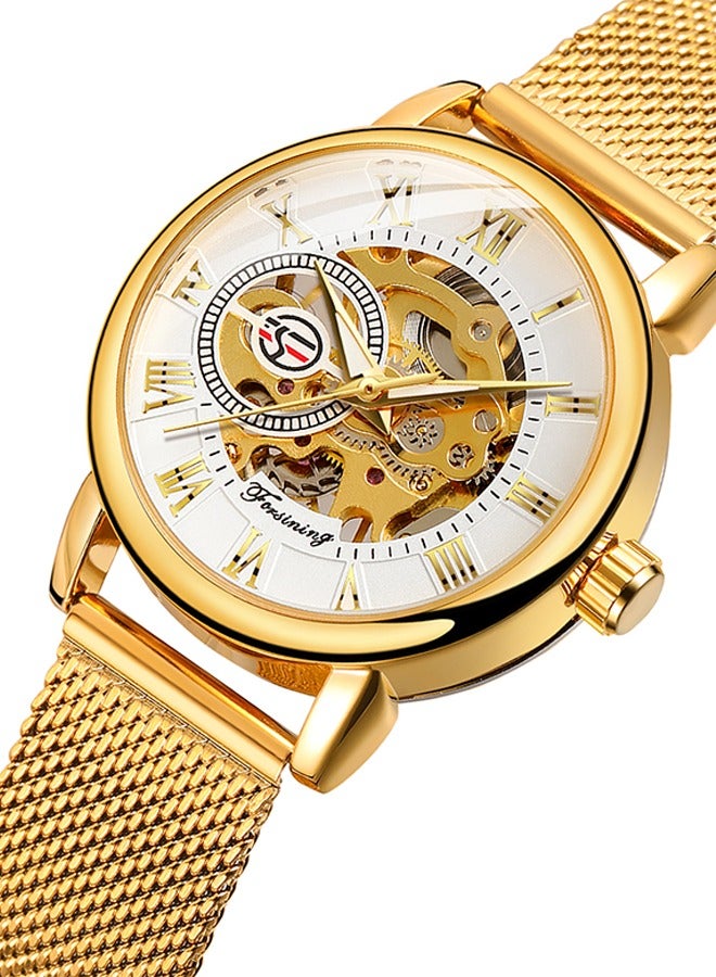 FORSINING ​​Forsining Women's Fashion Skeleton Watch - Gold-Tone Mesh Strap with White Skeleton Dial, Compact Case Size, Hand-Winding Movement, Elegant Casual Style for Daily Wear & Special Occasions​​ - Image 3