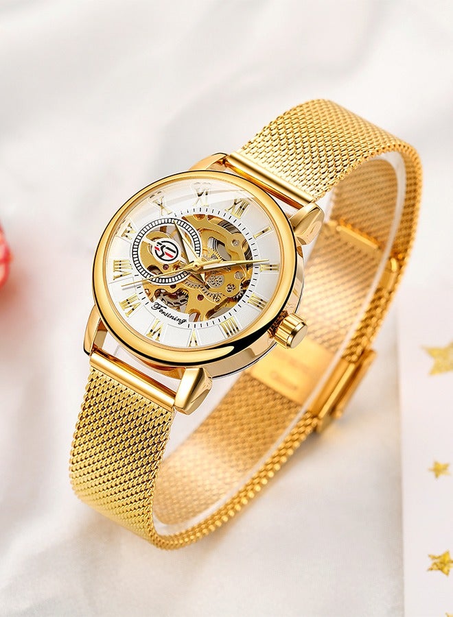 FORSINING ​​Forsining Women's Fashion Skeleton Watch - Gold-Tone Mesh Strap with White Skeleton Dial, Compact Case Size, Hand-Winding Movement, Elegant Casual Style for Daily Wear & Special Occasions​​ - Image 4