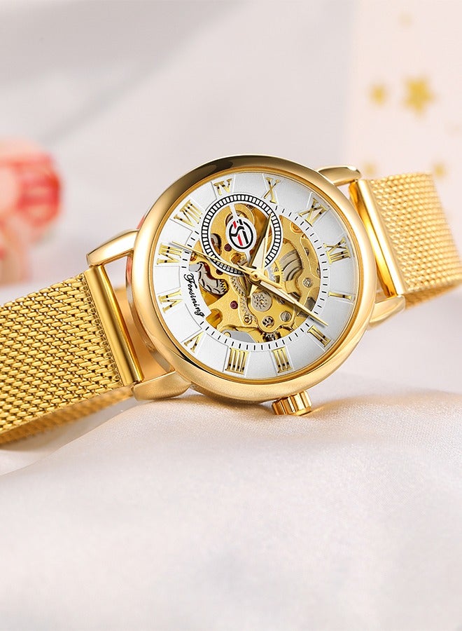 FORSINING ​​Forsining Women's Fashion Skeleton Watch - Gold-Tone Mesh Strap with White Skeleton Dial, Compact Case Size, Hand-Winding Movement, Elegant Casual Style for Daily Wear & Special Occasions​​ - Image 5